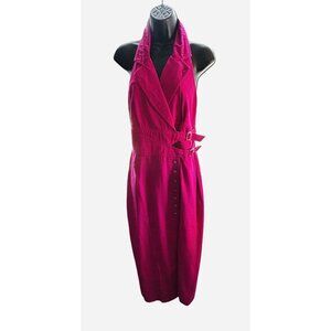Karen Alexander Vtg Fuchsia Backless Halter Button-up Midi Dress, Size 12 (vtg)